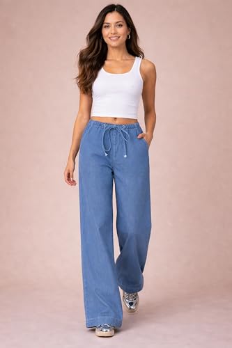 Image of London Hills Jeans for Woman | Wide Leg Jean for Women | Women's Wide Leg Denim Pants | Elastic Waist Drawstring Jeans for Women | Loose Fit Casual Palazzo Trousers | Woman Jean's Pant
