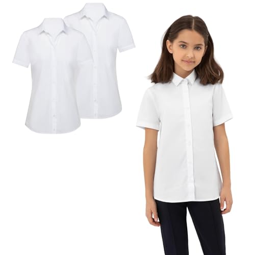 LXEASYGO 2 Pack Girls Casual Short Sleeve School Blouses Shirt Plain School Uniform for Girls Teenagers Age 5-16 (UK Age 11 Years 12 Years Regular White+White)