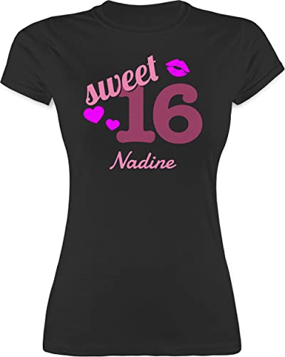 Shirt Damen - 16. Geburtstag - Sweet Sixteen - Kussmund Herz Name - zum Sechzehnten - S - Schwarz - Birthday t-Shirt 16 t mädchen 16.Geburtstag Happy Tshirt Jahre tischert Geschenke t-Shirts