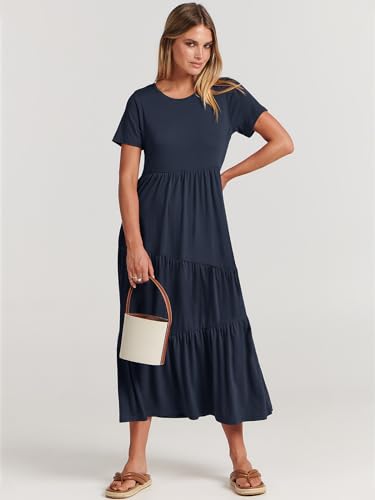 Image of ANRABESS Women Summer Maxi Dress Short Sleeve Swing Casual Asymmetric Tiered Vacation Long Beach Sundress Outfits Navy Blue Small