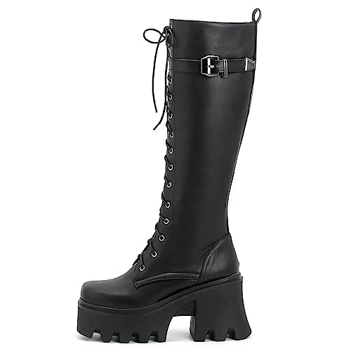 Image of Parisuit Women's Knee High Goth Platform Boots Lace Up Combat Boots