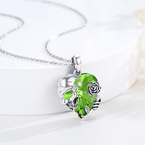 Image of S925 Sterling Silver Skull Pendant Necklace Heart Crystal Birthstone Skull Necklace Gothic Jewlery Gifts