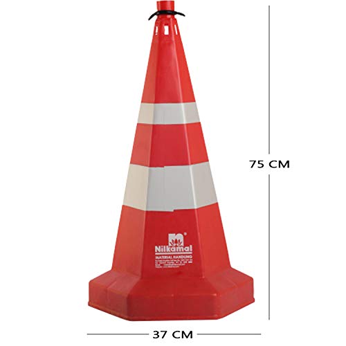 Image of LADWA Road Traffic Safety Cone, Pack of 2 cones 750mm, with 2 mtr chain + 2 hooks, (Safety Cone, Traffic Safety Cone, Road Safety Cone with Reflective Strips Collar)