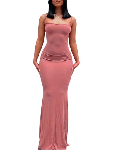 Damen Sexy Casual Langes Kleid Elegant Ärmellos Rückenfrei Skinny Spaghetti-Träger Maxikleid(Pink-1,M)