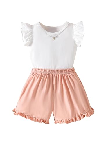Ecolala Girls 2 Piece Summer Outfits Cute Ruffle Sleeve Top and High Waist Shorts Set White Pink 9-10 Years