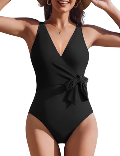 AI'MAGE Womens One Piece Swimsuits V Neck Slimming Bathing Suit Color Block Tie Side Swimwear Tummy Control Swim Suits 2025