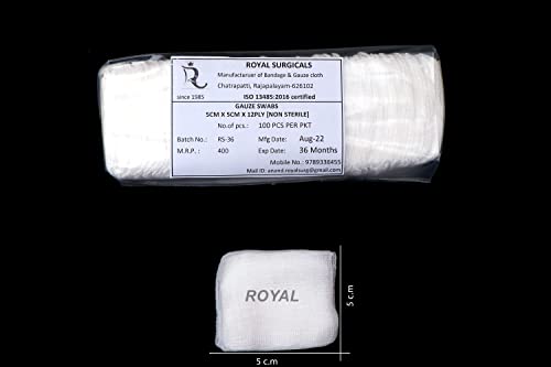 Image of Gauze Swabs 5cm x 5cm, 12-Ply (Pack of 100) - Soft, Absorbent Cotton for Wound Cleaning, Makeup Application & Medical Use