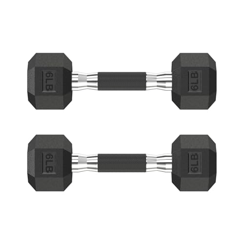HANDBODE Hex Rubber Dumbbells Non-Slip Handle Design for Secure & Comfortable Grip Hand Weights for Strength Training and Home Gym/Pair of 6 LB