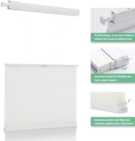 Tonature No Tools No Drill Top Down Bottom Up Cellular Shades for Windows, 1" Light Filtering Fabric, Cordless Honeycomb Indoor Window Blinds, Thermal Insulated Noise Reduction，Custom Size, White — view 3