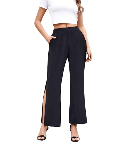 SDEER Women's Chiffon Wide Leg Pants Side Slit Casual Loose Fit High Waisted Pure Color Long Pants Trousers with Pockets