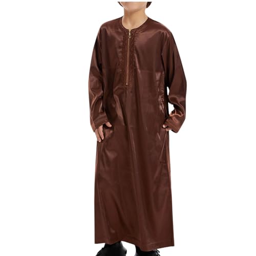 Cambkatl Boys Embroidered Arabic Thobe Loose Muslim Thobe Long Sleeve Kids Abaya Kaftan Cardigan Casual Dubai Thobe