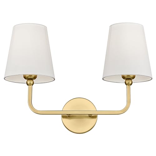 METWET 2 Light Bathroom Vanity Light, Brushed Gold Double Wall Sconce with Flared White Fabric...