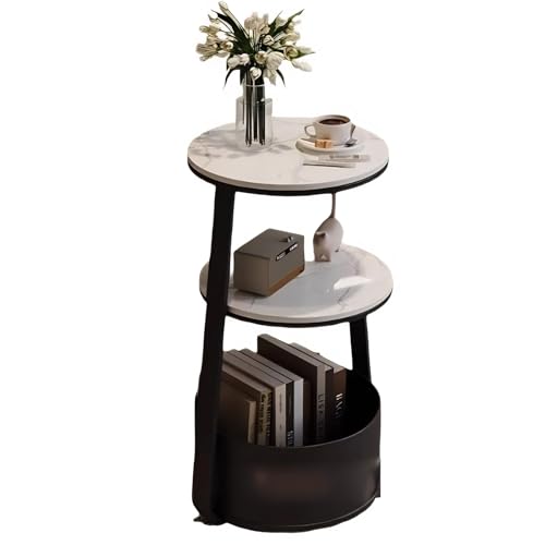 GWZHQIF Mesa Auxiliar Redonda Moderna, Mesa Auxiliar De 3 Niveles con Cesta De Almacenamiento, Escritorio Auxiliar con Efecto Mármol para Sala De Estar Dormitorio(Color:Negro)