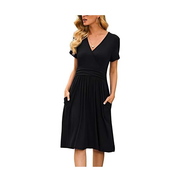 LILBETTER-Womens-Summer-Casual-Short-Sleeve-V-Neck-Short-Party-Dress-with-Pockets LILBETTER Women's Summer Casual Short Sleeve V-Neck Short Party Dress with Pockets Black Large