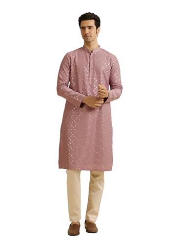 Kurta en soie homme Manyavar rose ensemble pyjama 2 pièces paillettes grande taille 2XL