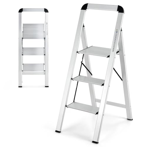 GOPLUS Escalera plegable con 3 peldaños hasta 150 kg, de aluminio con peldaños antideslizantes y almohadilla para los pies, escalera con hebilla de seguridad para cocina, oficina y garaje, color