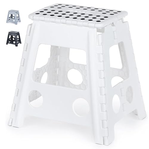 LIVIVO Folding Step Stool Compact and Lightweight Two Tier Anti Slip Stepping Stool - Folds Flat with Carry Handle for Easy Storage and Transport (White)