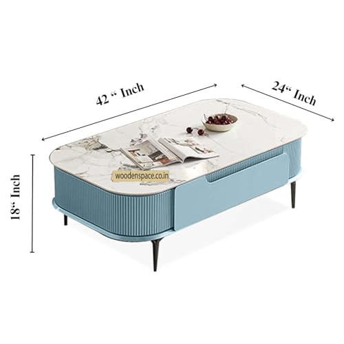 Image of WOODEN SPACE Premium Marble-Top Wooden Center Table for Living Room | Iron Legs | PVD Coating | Modern Entryway Furniture | Coffee Table - 42X24X18 in (Sky Blue)