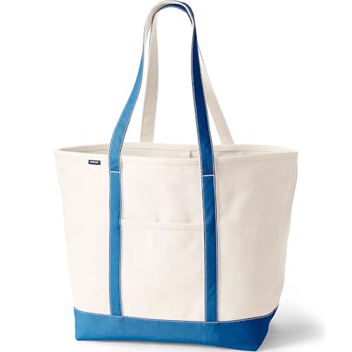 Lands' End Natural Open Top Canvas Tote Natural/beacon Blue Medium Regular Handle