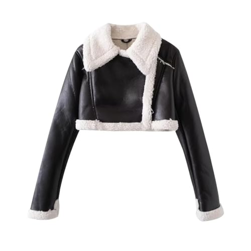 utcoco Womens Leather Jacket Faux Fur Moto Jacket Winter Trench Coat Cropped Shearling Jacket