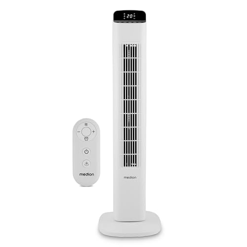 MEDION P15 TF Turmventilator mit Fernbedienung (5 Geschwindigkeitsstufen, leiser Schlafmodus, 45 Watt Leistung, Automatische 80° horizontale Oszillation, LED Display, MD10809) weiß