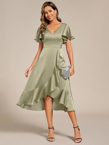 Image of Ever-Pretty Women's V Neck Satin Short Sleeve A Line Hi-Lo Midi Asymmetry Hem Bridesmaid Dress 02318
