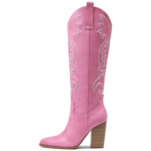 Image of VOMIRA Knee High Cowboy Boots for Women Pointed Toe Chunky High Heels Pull-on Embroidered Boots Western Boots Wide Calf Cowgirl Boots