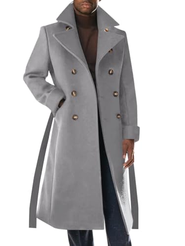 Runcati Mens Trench Coat Notch Lapel Double Breasted Belted Pea