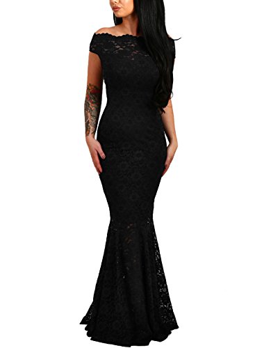 Elapsy Womens Sexy Elegant Off Shoulder Bardot Lace Evening Gown Fishtail Maxi Party Formal Dress Black Medium