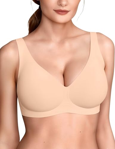 Vertvie 2026 Womens Wireless Jelly Bras Push Up Cup-Engineered Support Deep V Lift Bra Seamless No Underwire T-Shirt Bralette(Sand,34D)