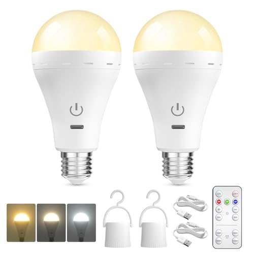 BrightArk Lampadina LED E27 Ricaricabile USB Con Telecomando, 3 Temperature di Colore Dimmerabile Lampadina Ricaricabile E27 per Luce di Emergenza Casa ed Esterni (2 Pezzi)