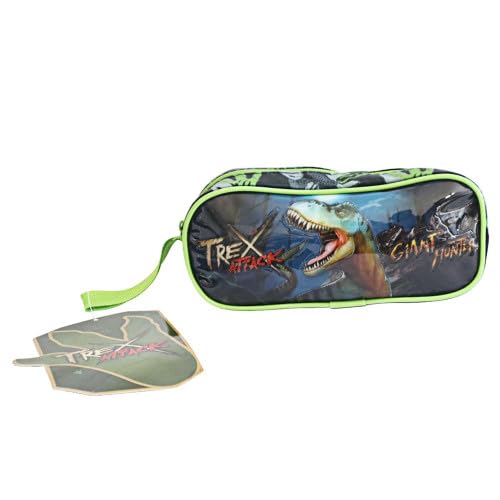 Estojo Escolar T-Rex, Dinossauro, com Zíper, Verde e Azul