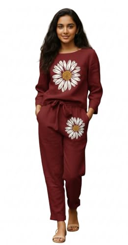 Image of White Button new Girls sunflower Daisy Print Flax Cotton Co-ord Set - Breathable Summer 2-Piece Outfit