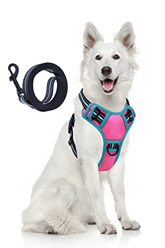 Foxyep No Pull Dog Vest Harness with Easy Control Handle Reflective Strap for Walking, Comfort Fit for Large Dogs, No-Choke Breathable Harness with Dog Leash Set(L, Pink&Mint Green Straps)