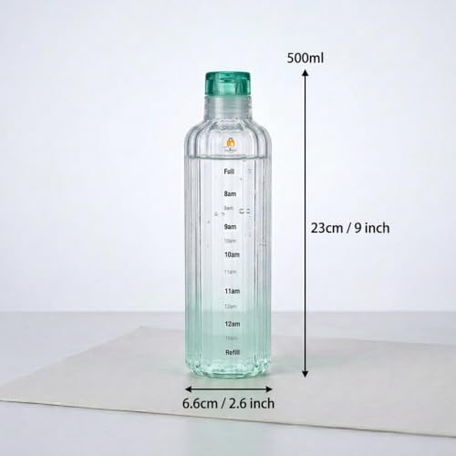 Image of Borosilicate Glass Water Bottles with Cap, Water Bottle 500ML Glass Motivational Time Marker Drink Bottle Cute Glass Milk Juice Drinking Bottles for Girls Kids Women for School, Gym (Green)