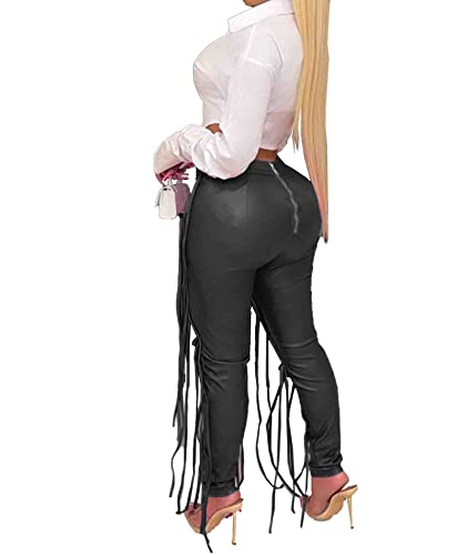 xxxiticat Women's Lace Up Bandage Trousers Mid Waist PU Faux Leather Tassel Fringe Criss Cross Drawstring Bodycon Pants2