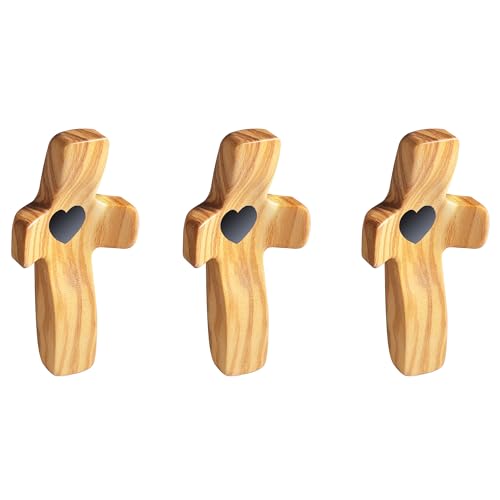 Image of Encouragement Gift Wooden Cross My Heart Fingertip Stress Relief Gifts Small Wood Pocket Cross Christmas Gift Handheld (Olive 3pcs)
