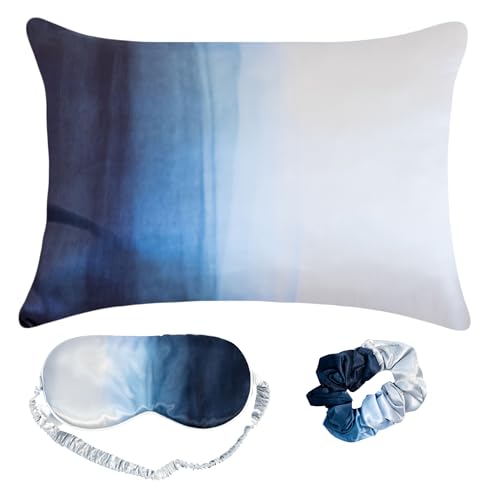 Fenrici Luxury Satin Pillowcase Gift Set – Includes Eye Mask & Scrunchie, Pure Vegan Silk for Hair & Skin Care, Elegant Blue Ombre Design, Standard Size, Gift for Mom, Daughter, Girlfriend!