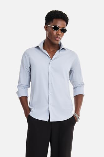 Image of SNITCH Men Formal Shirt | Tailored Slim Fit Full Sleeve Spread Collar Solid Style | Breathable Polyester Viscose Blend Twill Fabric for Office & Evening