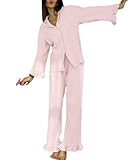codcm Womens Muslin Pajama Set Cotton Gauze Loungewear 3 Piece Long Sleeve Button Down Sleepwear Ruffle Pj Set(Pink,Small)