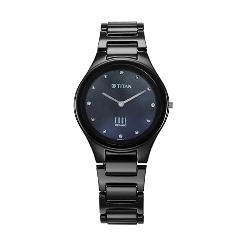 Image of Edge Titan Ceramic Dress with Diamonds Quartz Analog Ceramic Strap Watch for Women, Black, Classic