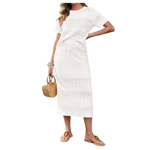Tankaneo Conjunto de saia feminina de crochê com 2 peças, blusa de malha de manga curta, saia midi, roupa de viagem para férias, Branco, P
