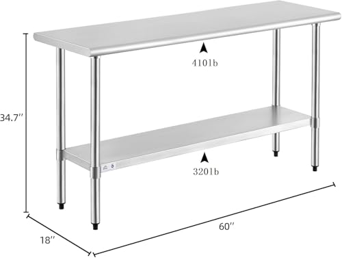 Image of ROCKPOINT Stainless Steel Table for Prep & Work 18x60 Inches, NSF Metal Commercial Kitchen Heavy Duty Table with Adjustable Under Shelf and Table Foot for Restaurant, Home and Hotel