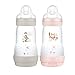 MAM Easy Start Lot de 2 biberons Anti-coliques pour bébé (260 ML) avec Valve de Fond Contre Les coliques, 0 Mois et Plus, Lapin/Chouette