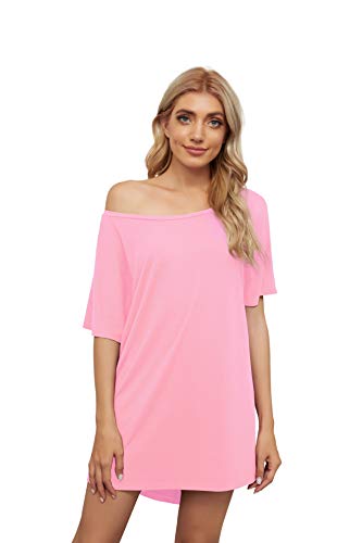 HIYIYEZI-Damen-Nachthemd-Kurzarm-Nachtwaesche-Bequem-Schlafshirt-U-Boot-Ausschnitt-Schulterfrei-Nachthemd