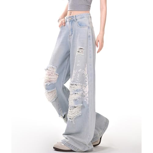 Vintage Cute High Waisted Straight Leg Denim Pants Fashion Y2K Lace Rhinestone Printed Ripped Fringe Jeans4