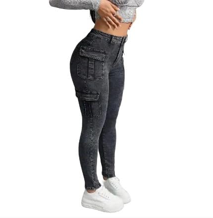 Women's Skinny Cargo Jeans with Side Flap Pockets, High Stretch Denim, and Zipper Fly Closure2