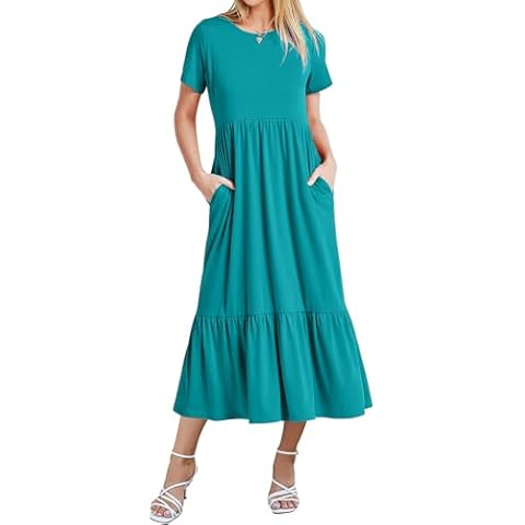 Gracyoga Women's Summer Maxi Dress 2024 Casual Short Sleeve Crewneck Flowy Swing Tiered Long Beach Dresses with Pockets Cover