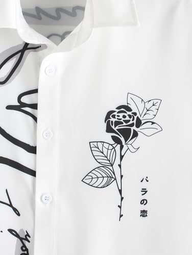 ZAFUL Men's Casual Graffiti Floral Rose Printed Two Tone Colorblock Button Front Short Sleeve Summer Graphic Shirt4