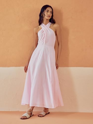 Image of FIORRA Women's Light Pink Solid Linen Maxi Dress
